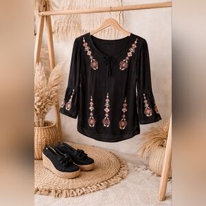 Chico's Black Embroidered Boho Top